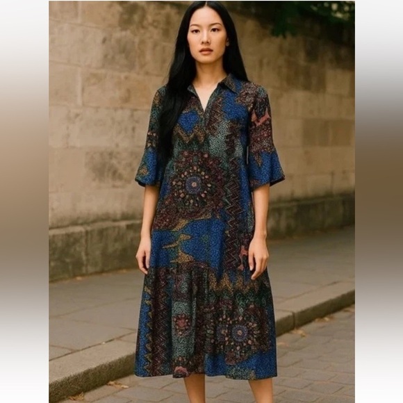 Johnny Was Nash Burnout Velvet Patchwork 3/4 Bell Sleeve Dress Small Multicolor - Picture 1 of 16